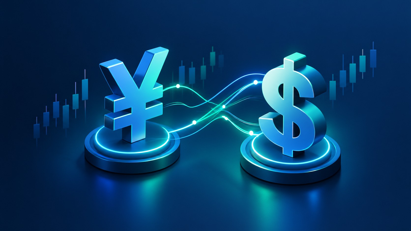 Stylized yen symbol and dollar symbol connected by glowing price lines