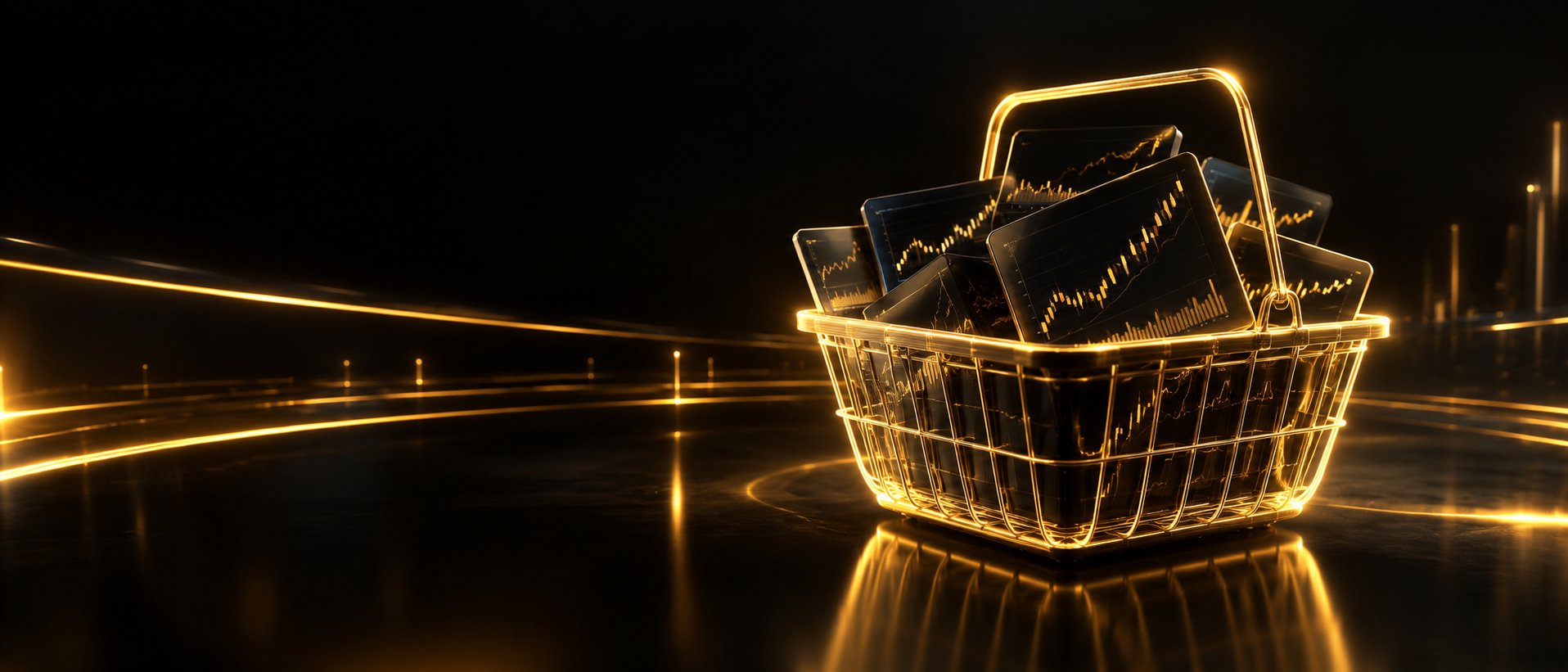 Basket made of glowing lines holding multiple mini stock charts
