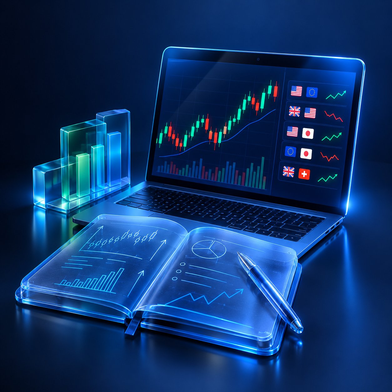 Open notebook with chart sketches beside a laptop showing currency pairs